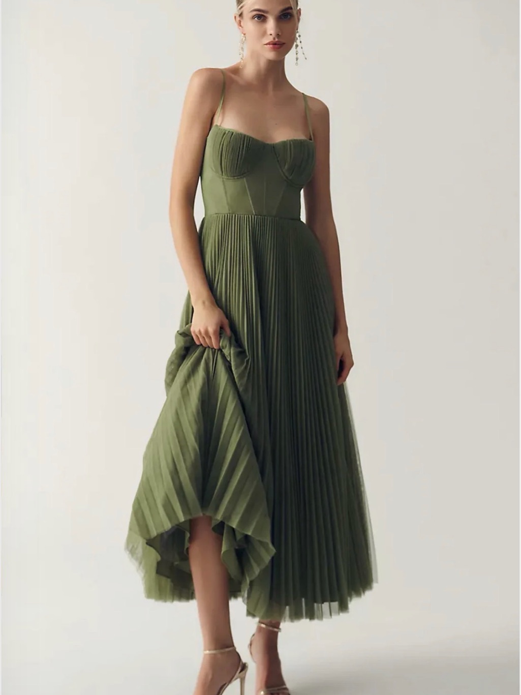 Olive Green Pleated Midi Dress With Spaghetti Straps Nwt
